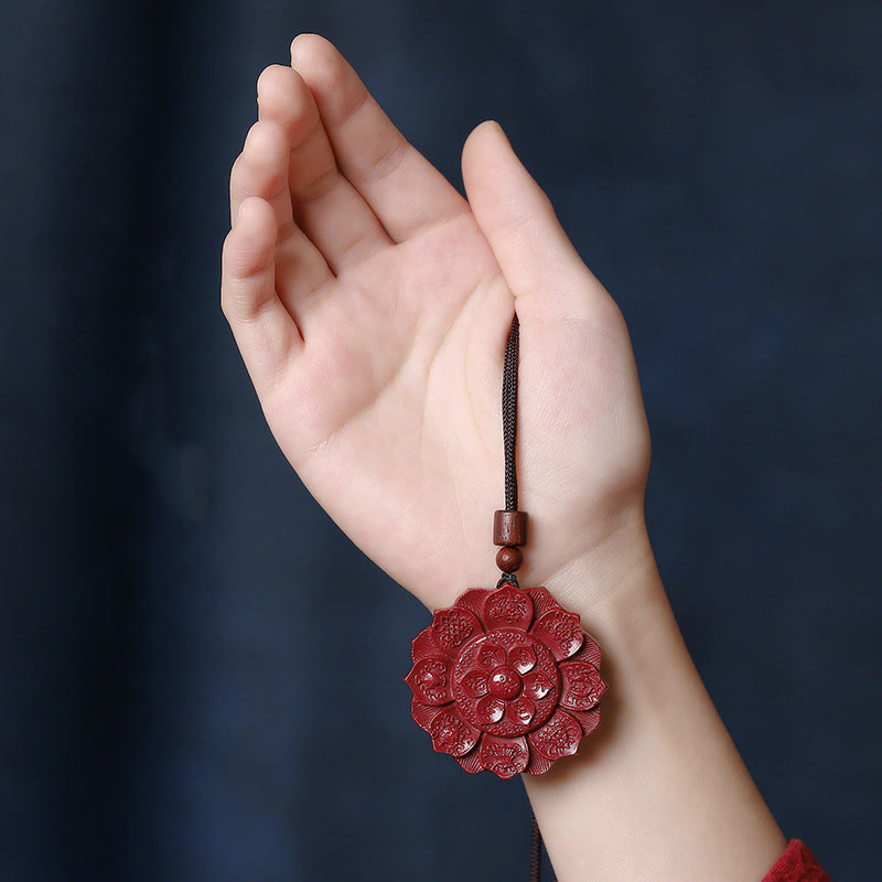 Buddha Stones Natural Cinnabar Lotus Om Mani Padme Hum Blessing Necklace String Pendant - image 1