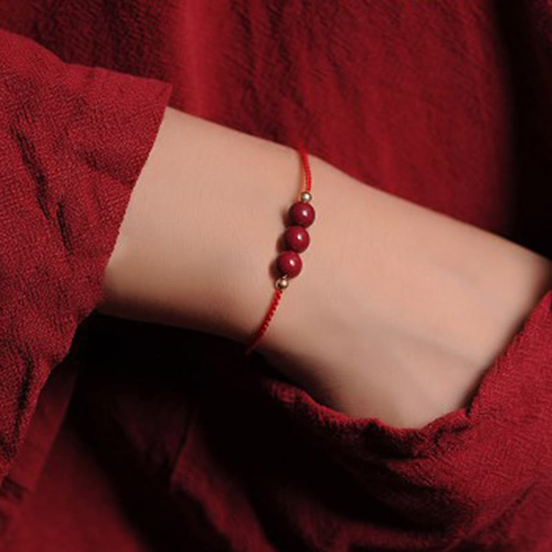 Buddha Stones 14K Gold Plated Natural Cinnabar Blessing String Braided Bracelet - Red(Wrist Circumference 14-15.5cm) - Three Cinnabar Beads - image 8