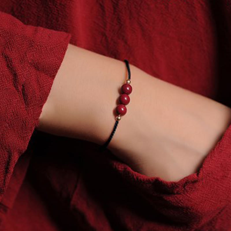 Buddha Stones 14K Gold Plated Natural Cinnabar Blessing String Braided Bracelet - Black(Wrist Circumference 14-15.5cm) - Three Cinnabar Beads - image 12