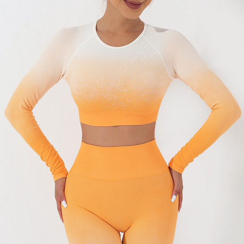 Buddha Stones Gradient Long Sleeve Crop Top Tee Bra Leggings Pants Fitness Yoga Outfit - Top - Orange White - US4，UK/AU8，EU36 (L) - image 4