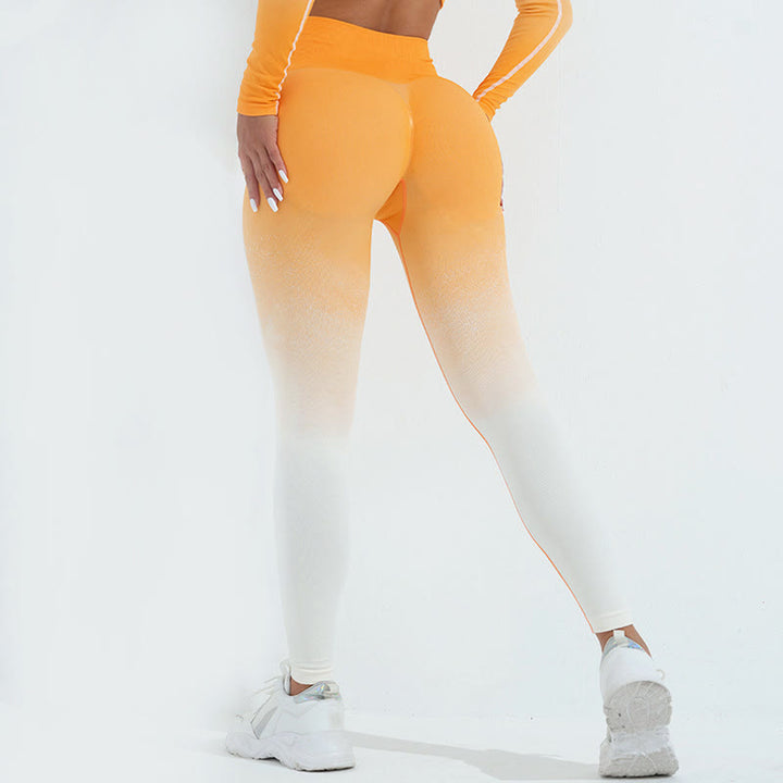 Buddha Stones Gradient Long Sleeve Crop Top Tee Bra Leggings Pants Fitness Yoga Outfit - Pants - Orange White - US4，UK/AU8，EU36 (L) - image 21