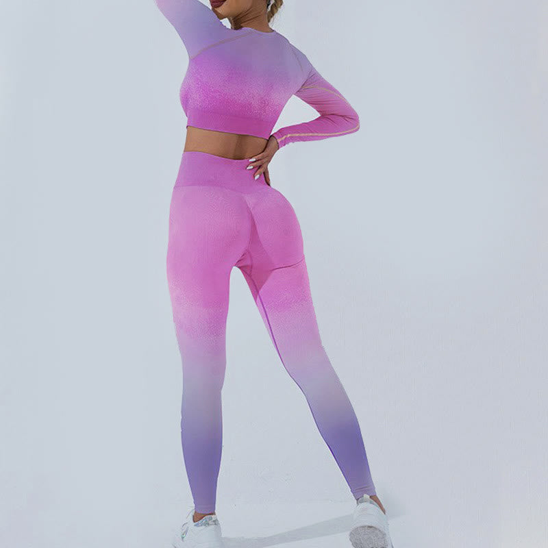 Buddha Stones Gradient Long Sleeve Crop Top Tee Bra Leggings Pants Fitness Yoga Outfit - image 33