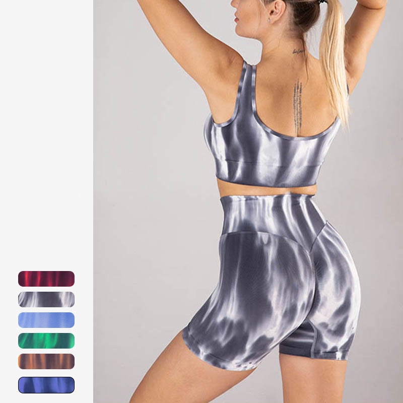Buddha Stones 2Pcs Tie Dye Print Seamless Crop Top Bra Shorts Sports Fitness Gym Yoga Outfits - image 9