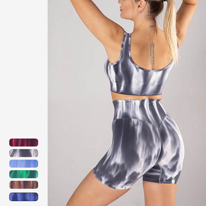 Buddha Stones 2Pcs Tie Dye Print Seamless Crop Top Bra Shorts Sports Fitness Gym Yoga Outfits - image 9