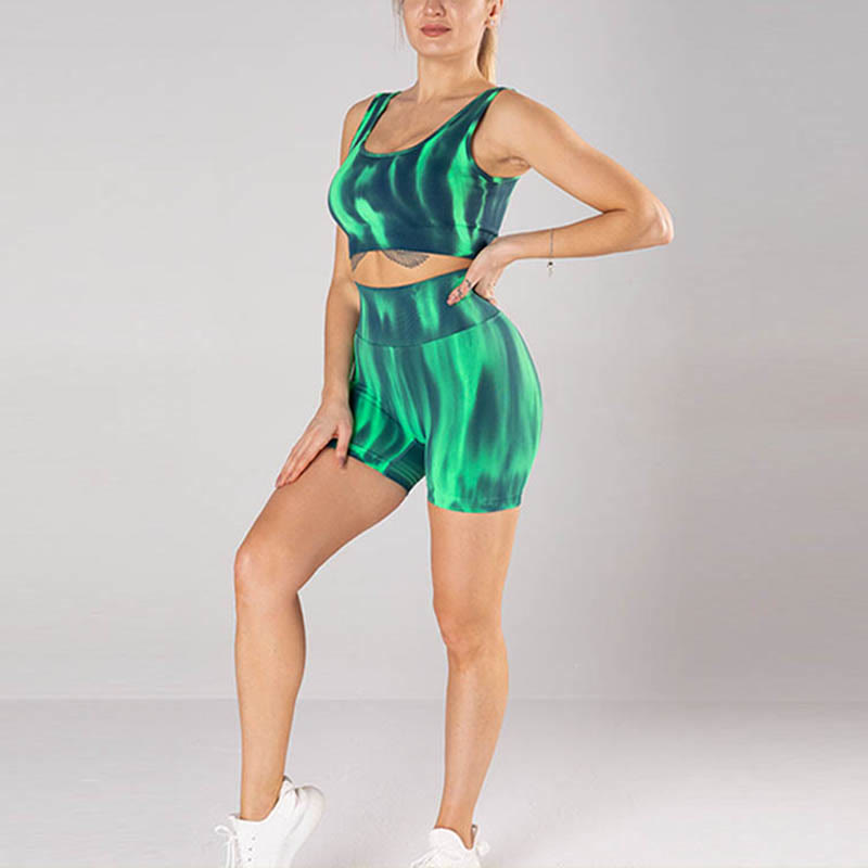 Buddha Stones 2Pcs Tie Dye Print Seamless Crop Top Bra Shorts Sports Fitness Gym Yoga Outfits - image 1