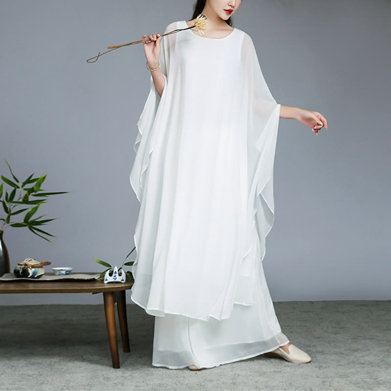 Buddha Stones Simple Pattern Midi Dress Wide Leg Pants Meditation Spiritual Zen Practice Yoga Dance Clothing - White - 2Pcs(Dress&Pants) - US8-10，UK/AU12-14，EU40-42 (2XL) - image 0