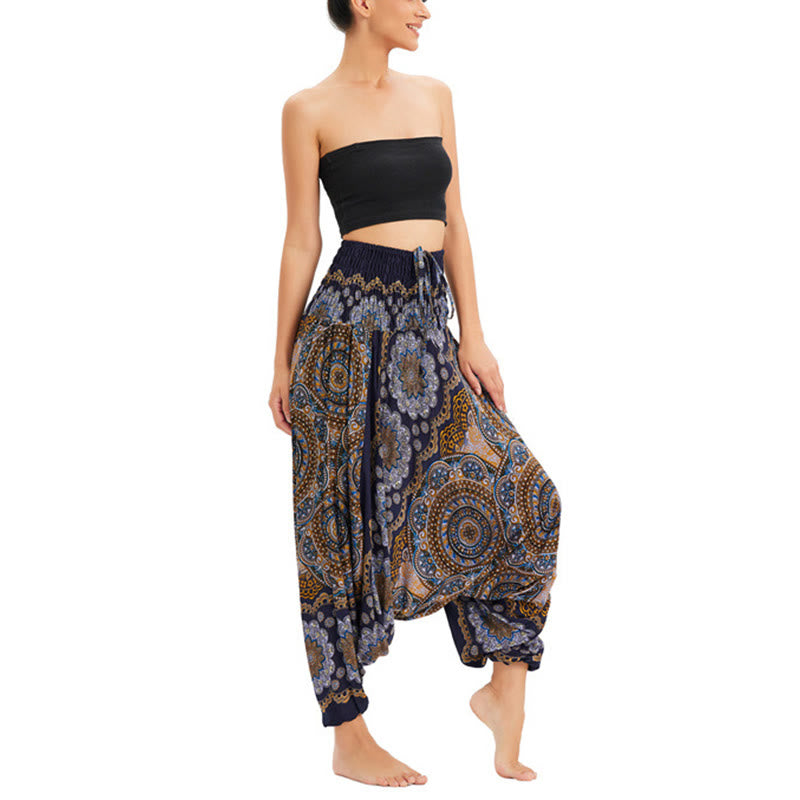 Buddha Stones Two Style Wear Mandala Flower Pattern Loose Smocked Harem Trousers Jumpsuit High Waist Pants - Dark Blue - US2-12，UK/AU6-16，EU34-44 (F) - image 19