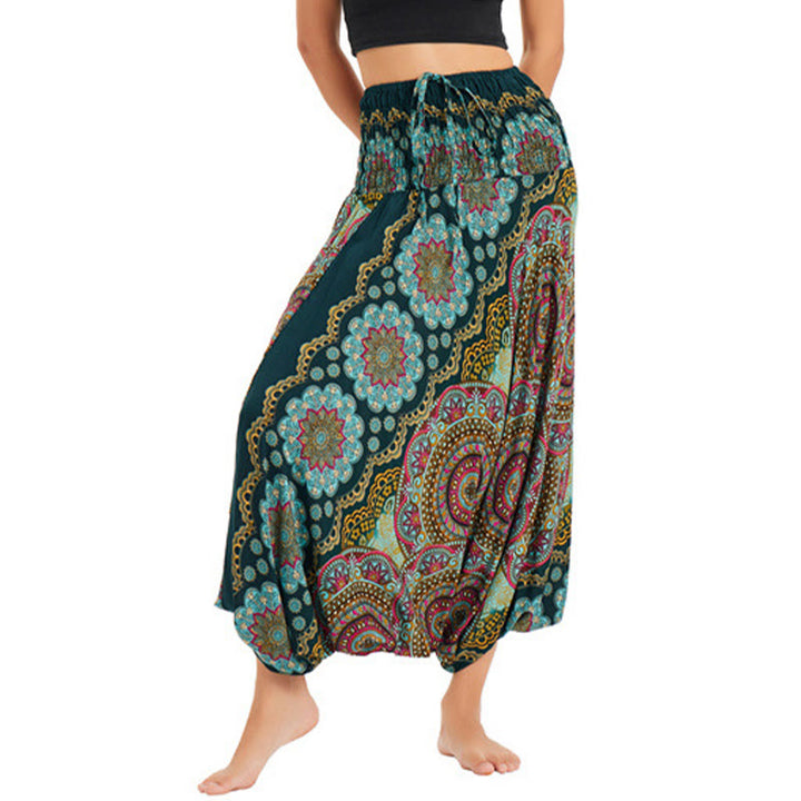 Buddha Stones Two Style Wear Mandala Flower Pattern Loose Smocked Harem Trousers Jumpsuit High Waist Pants - Green - US2-12，UK/AU6-16，EU34-44 (F) - image 0