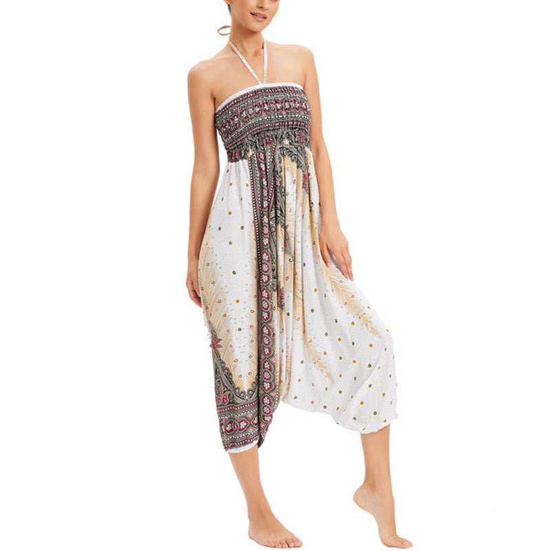 Buddha Stones Two Style Wear Peacock Feather Loose Smocked Harem Trousers Jumpsuit High Waist Pants - image 4