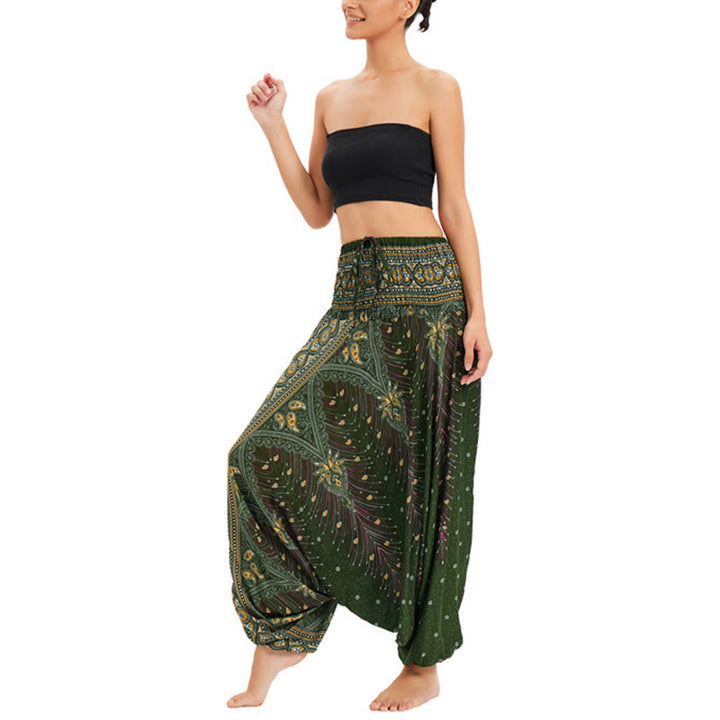 Buddha Stones Two Style Wear Peacock Feather Loose Smocked Harem Trousers Jumpsuit High Waist Pants - image 14