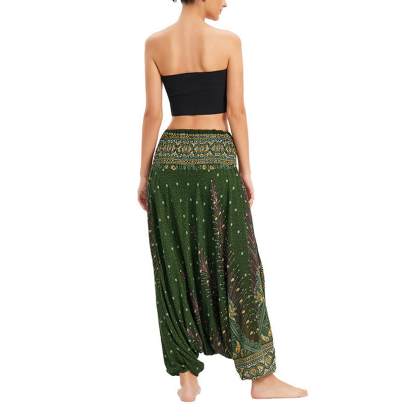 Buddha Stones Two Style Wear Peacock Feather Loose Smocked Harem Trousers Jumpsuit High Waist Pants - image 15