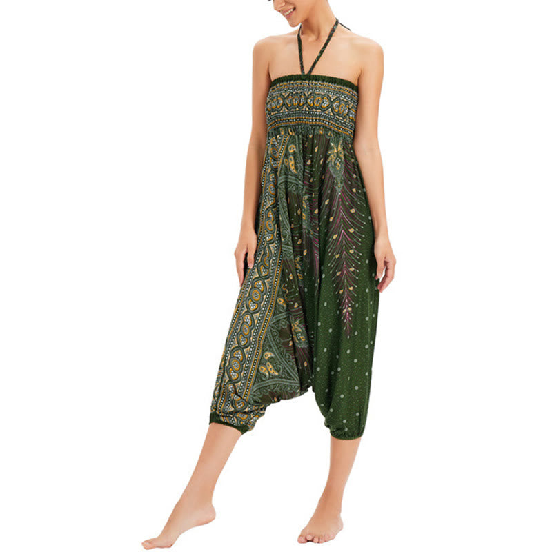 Buddha Stones Two Style Wear Peacock Feather Loose Smocked Harem Trousers Jumpsuit High Waist Pants - image 17