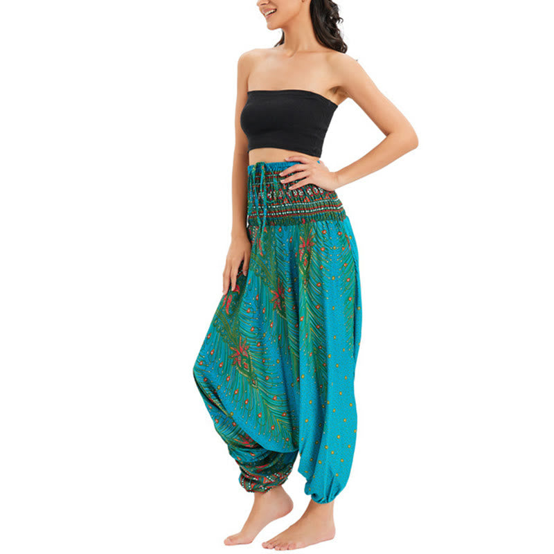 Buddha Stones Two Style Wear Peacock Feather Loose Smocked Harem Trousers Jumpsuit High Waist Pants - image 27