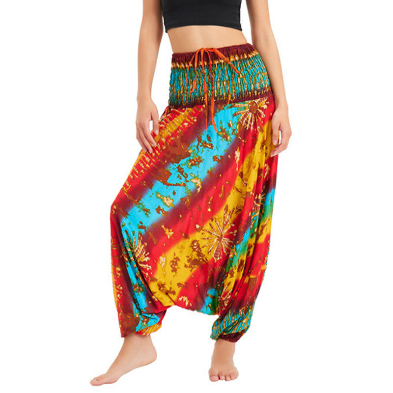 Buddha Stones Two Style Wear Gradient Colorful Loose Smocked Harem Trousers Jumpsuit High Waist Pants - Yellow Blue Red - US2-12，UK/AU6-16，EU34-44 (F) - image 0