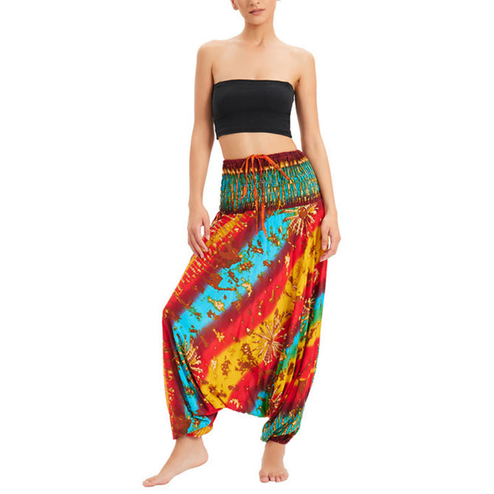 Buddha Stones Two Style Wear Gradient Colorful Loose Smocked Harem Trousers Jumpsuit High Waist Pants - image 1