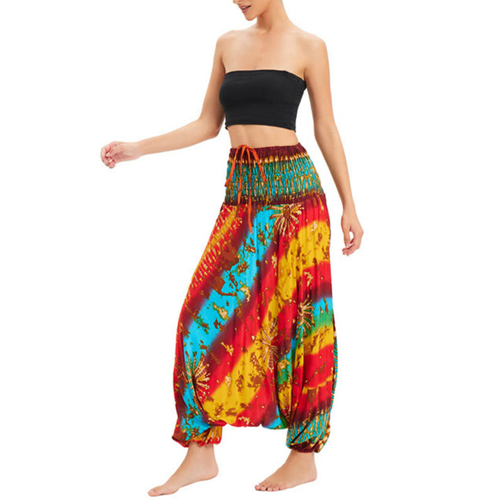 Buddha Stones Two Style Wear Gradient Colorful Loose Smocked Harem Trousers Jumpsuit High Waist Pants - image 3