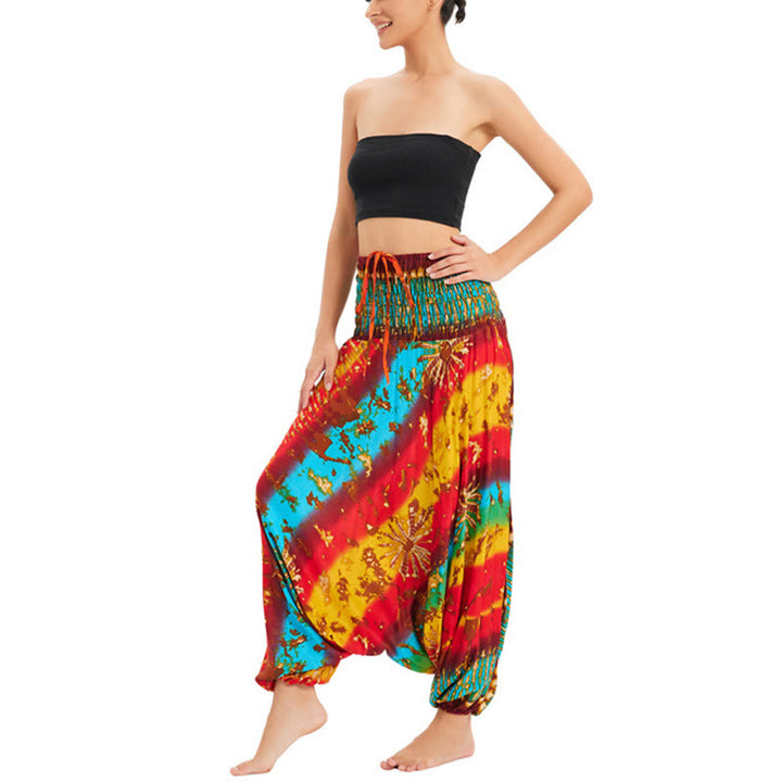 Buddha Stones Two Style Wear Gradient Colorful Loose Smocked Harem Trousers Jumpsuit High Waist Pants - image 2