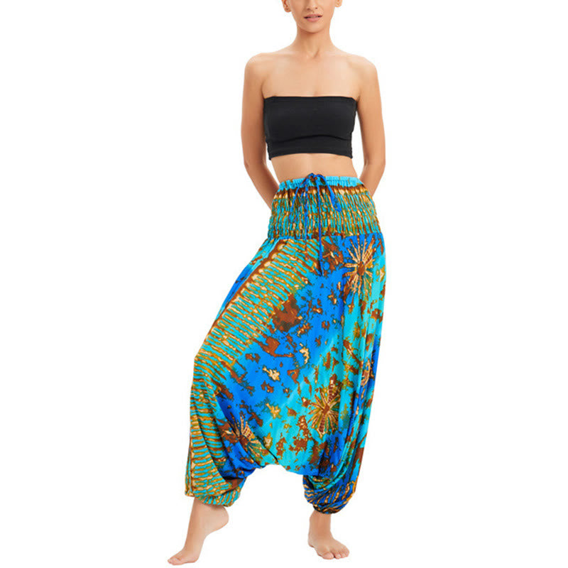 Buddha Stones Two Style Wear Gradient Colorful Loose Smocked Harem Trousers Jumpsuit High Waist Pants - Blue Green - US2-12，UK/AU6-16，EU34-44 (F) - image 8