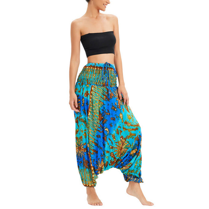 Buddha Stones Two Style Wear Gradient Colorful Loose Smocked Harem Trousers Jumpsuit High Waist Pants - image 9