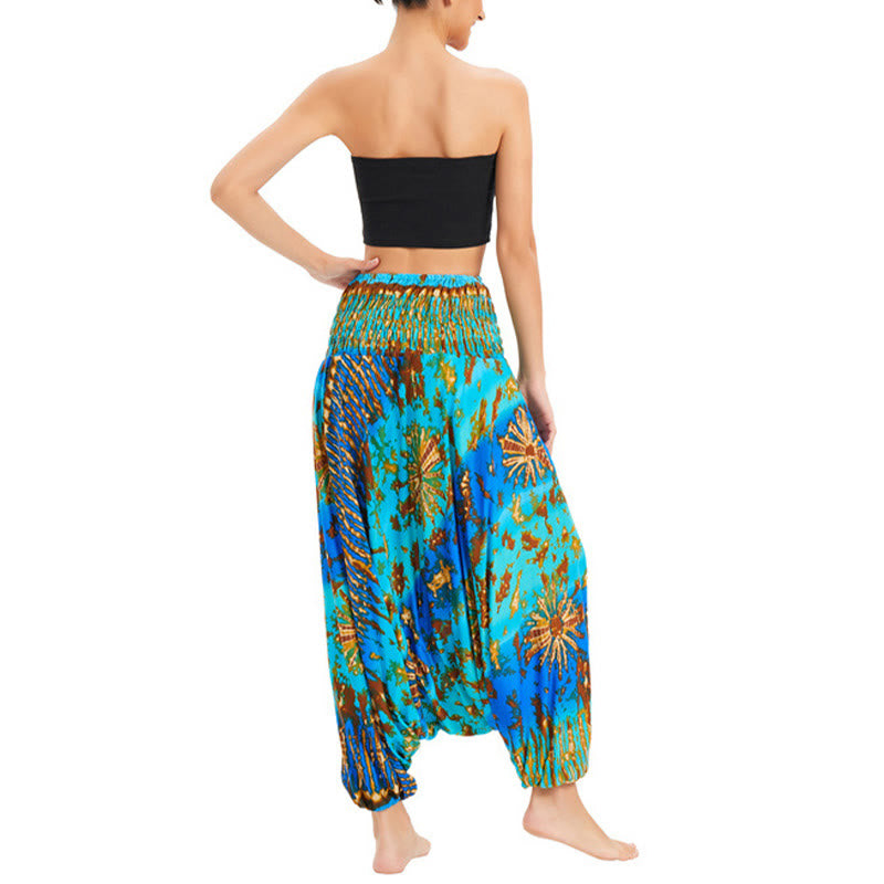 Buddha Stones Two Style Wear Gradient Colorful Loose Smocked Harem Trousers Jumpsuit High Waist Pants - image 10
