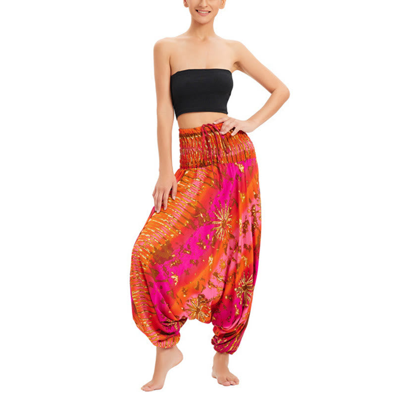 Buddha Stones Two Style Wear Gradient Colorful Loose Smocked Harem Trousers Jumpsuit High Waist Pants - Red - US2-12，UK/AU6-16，EU34-44 (F) - image 14