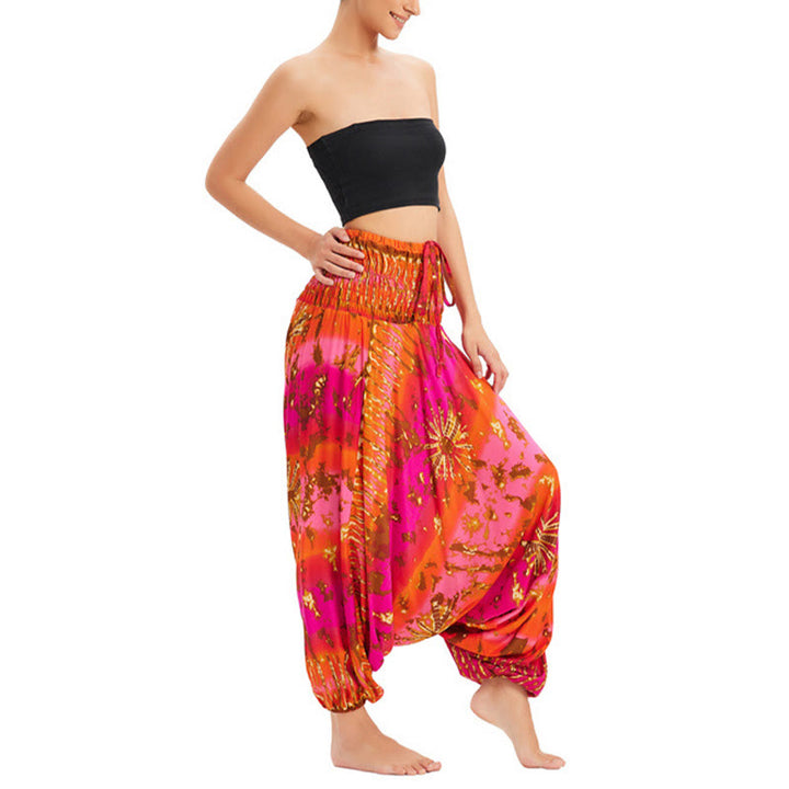 Buddha Stones Two Style Wear Gradient Colorful Loose Smocked Harem Trousers Jumpsuit High Waist Pants - image 15