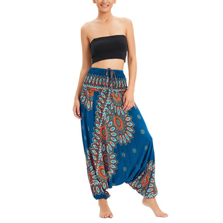 Buddha Stones Two Style Wear Sunflower Loose Smocked Harem Trousers Jumpsuit High Waist Pants - Green(Waist 60-100cm/Length 105cm) - image 14
