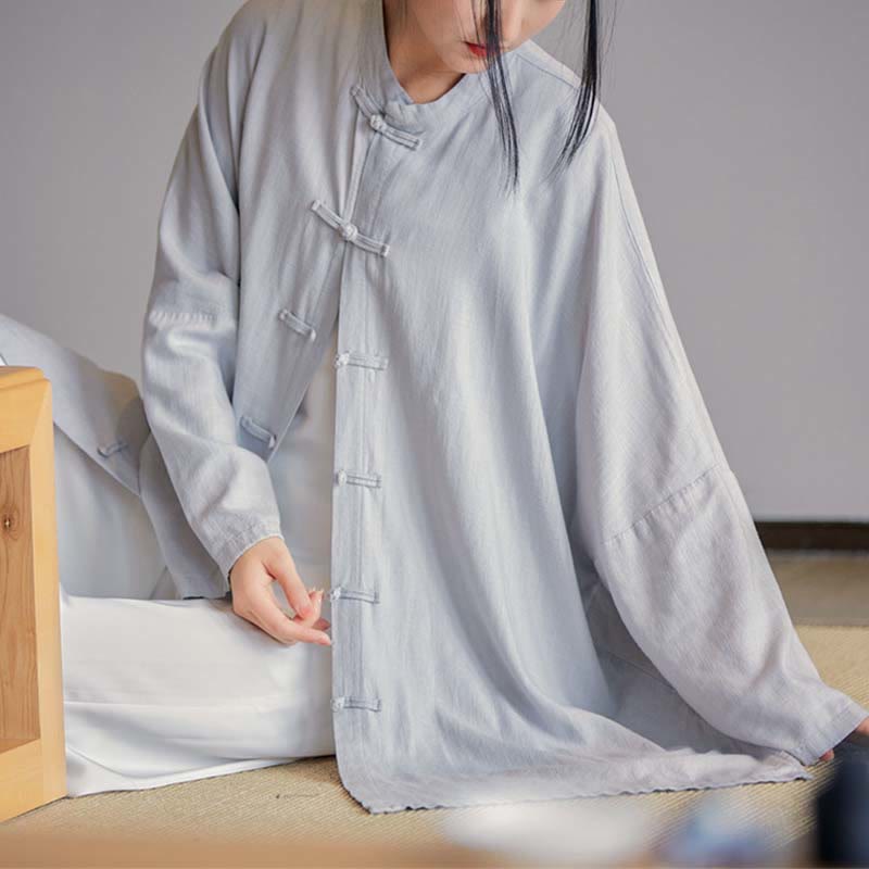 Buddha Stones Plain Frog-Button Design Shirt Zen Tai Chi Meditation Top Clothing Cotton Linen Jacket - Gray(Bust 150cm)(Top Only) - image 0