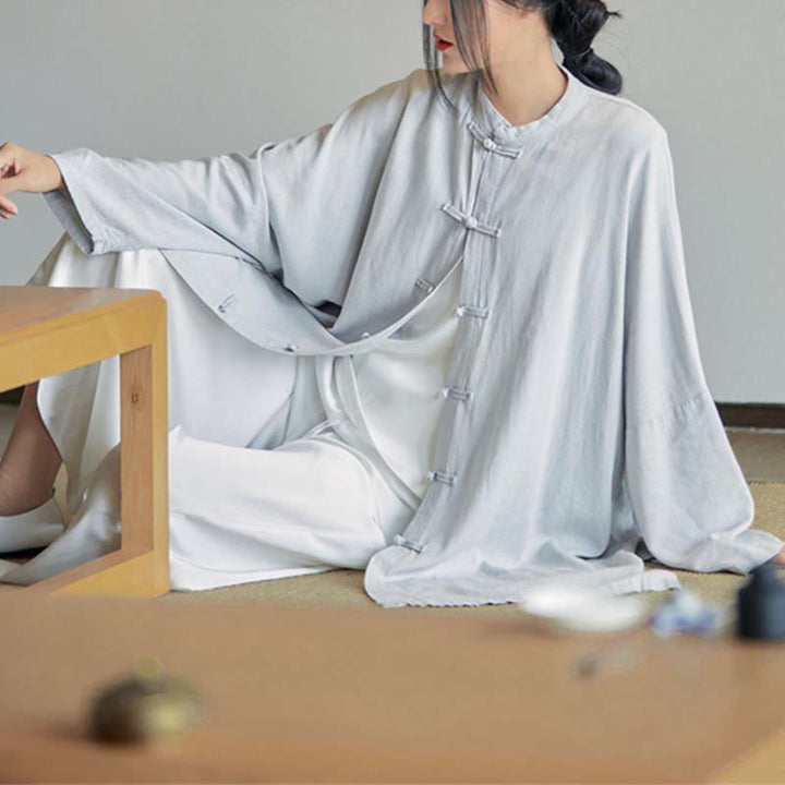 Buddha Stones Plain Frog-Button Design Shirt Zen Tai Chi Meditation Top Clothing Cotton Linen Jacket - image 1