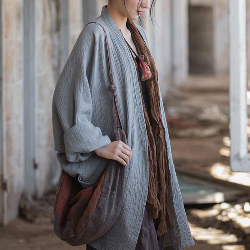 Buddha Stones Plain Design Long Sleeve Coat Zen Meditation Open Front Top Cotton Jacket - image 28