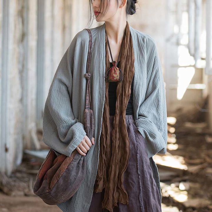 Buddha Stones Plain Design Long Sleeve Coat Zen Meditation Open Front Top Cotton Jacket - image 18