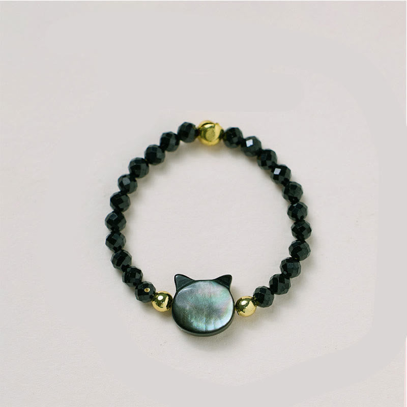 Buddha Stones Natural Tridacna Stone Lovely Cat 14K Gold Blessing Ring - image 2
