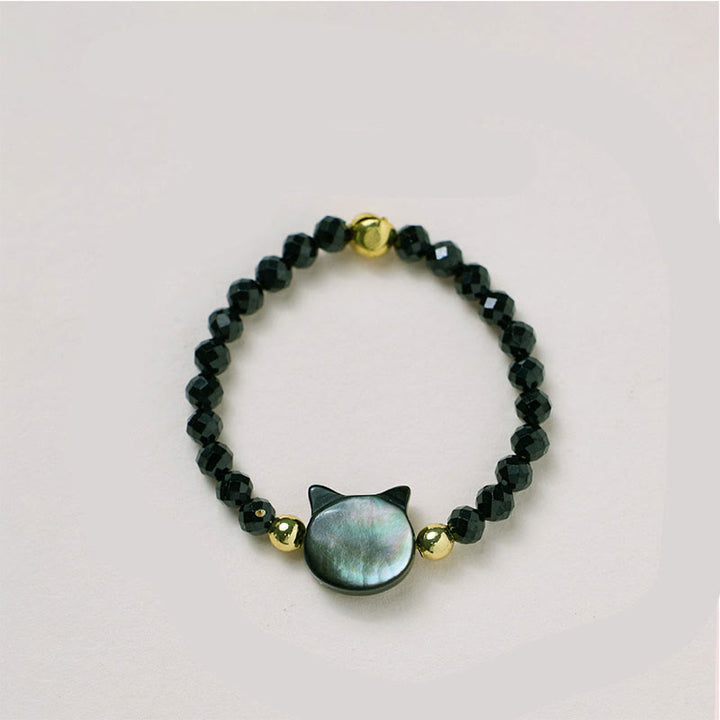 Buddha Stones Natural Tridacna Stone Lovely Cat 14K Gold Blessing Ring - image 2