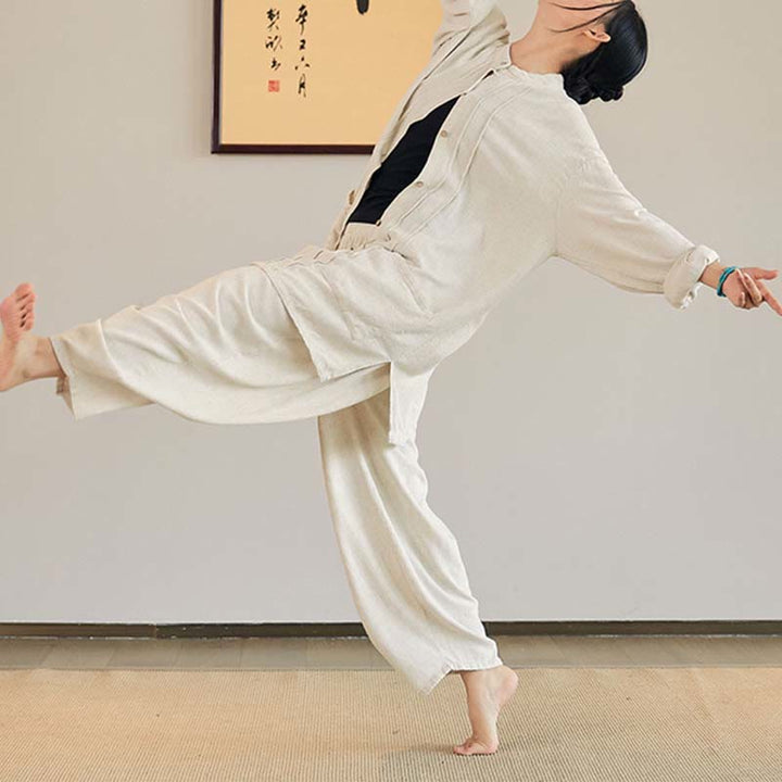 Buddha Stones Plain Long Sleeve Coat Jacket Top Wide Leg Pants Zen Tai Chi Yoga Meditation Clothing - image 6