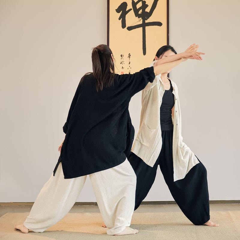 Buddha Stones Plain Long Sleeve Coat Jacket Top Wide Leg Pants Zen Tai Chi Yoga Meditation Clothing - image 0