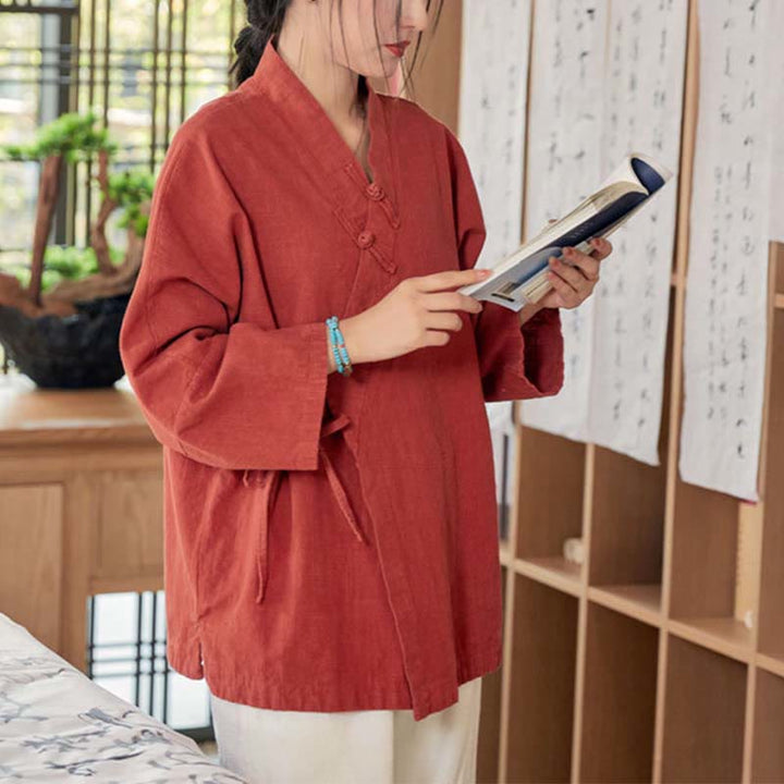 Buddha Stones Frog-Button Hanfu Design Long Sleeve Coat Zen Meditation Open Front Top Jacket - image 4