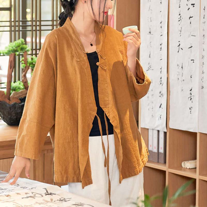Buddha Stones Frog-Button Hanfu Design Long Sleeve Coat Zen Meditation Open Front Top Jacket - Yellow，US0-8/10，UK/AU4-12/14，EU32-40/42 (F) - image 8