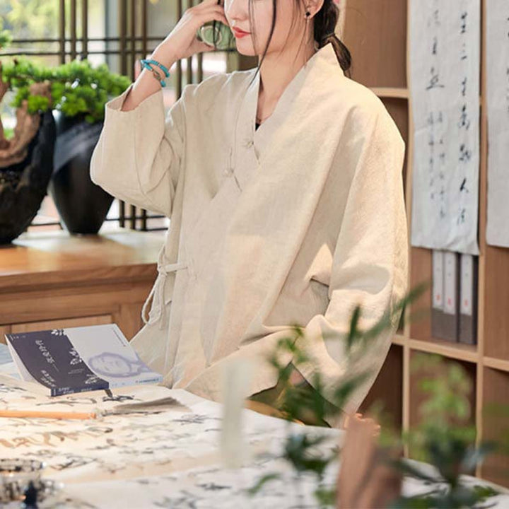 Buddha Stones Frog-Button Hanfu Design Long Sleeve Coat Zen Meditation Open Front Top Jacket - image 20