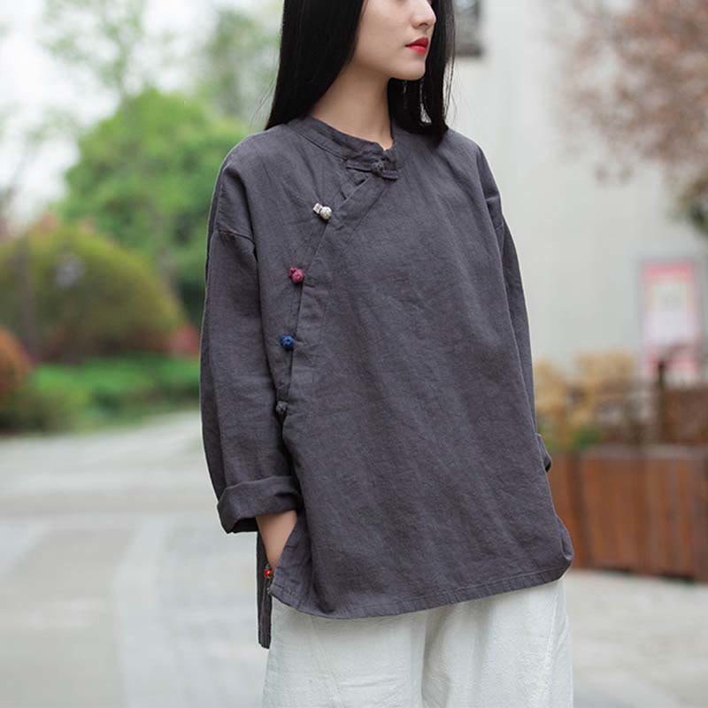 Buddha Stones Ramie Linen Blouse Women Shirt Top Chinese Hanfu Style Clothing - Gray(Bust 120cm)(Top Only) - image 0