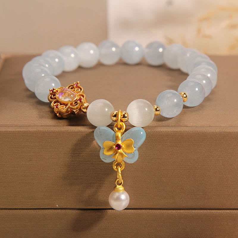 Buddha Stones Aquamarine Cat's Eye Healing Butterfly Pearl Charm Bracelet - image 4