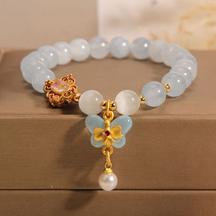 Buddha Stones Aquamarine Cat's Eye Healing Butterfly Pearl Charm Bracelet - image 4