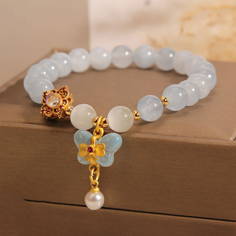 Buddha Stones Aquamarine Cat's Eye Healing Butterfly Pearl Charm Bracelet - image 5