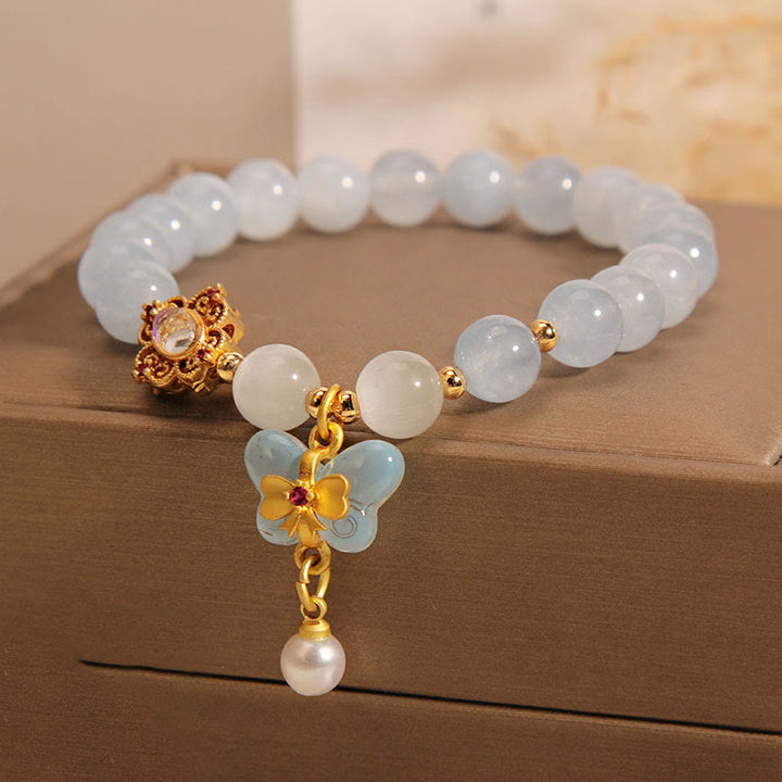 Buddha Stones Aquamarine Cat's Eye Healing Butterfly Pearl Charm Bracelet - image 5