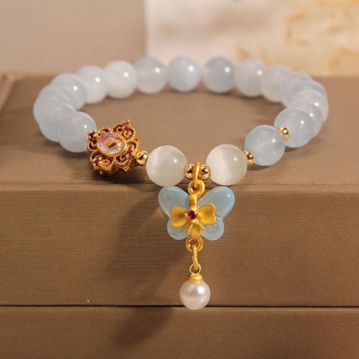 Buddha Stones Aquamarine Cat's Eye Healing Butterfly Pearl Charm Bracelet - Aquamarine(Wrist Circumference 14-16cm) - image 0