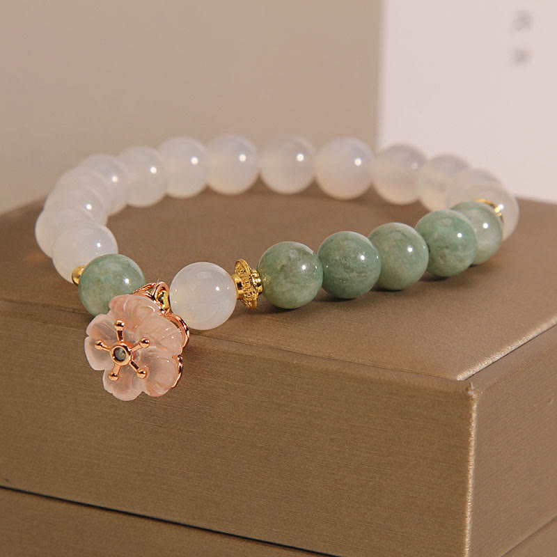 Buddha Stones White Agate Jade Flower Charm Luck Protection Bracelet - image 2