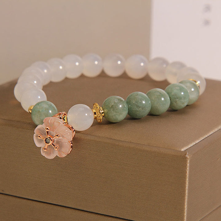Buddha Stones White Agate Jade Flower Charm Luck Protection Bracelet - image 2