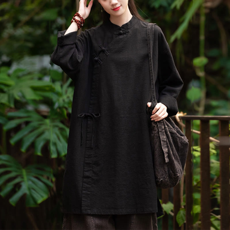 Buddha Stones Vintage Cotton Linen Blouse Women Long Sleeve Shirt Chinese Hanfu Top - Black(Bust 130cm)(Top Only) - image 15