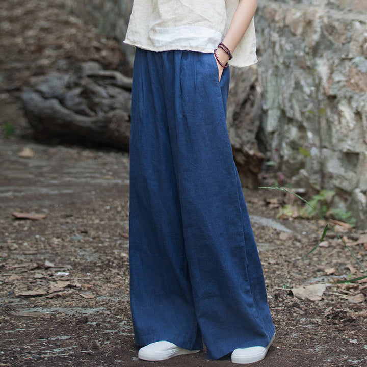 Buddha Stones Retro Wide Leg Pants Casual Women's Yoga Pants With Pockets - Navy Blue-US2-12，UK/AU6-16，EU34-44 (F) - image 0