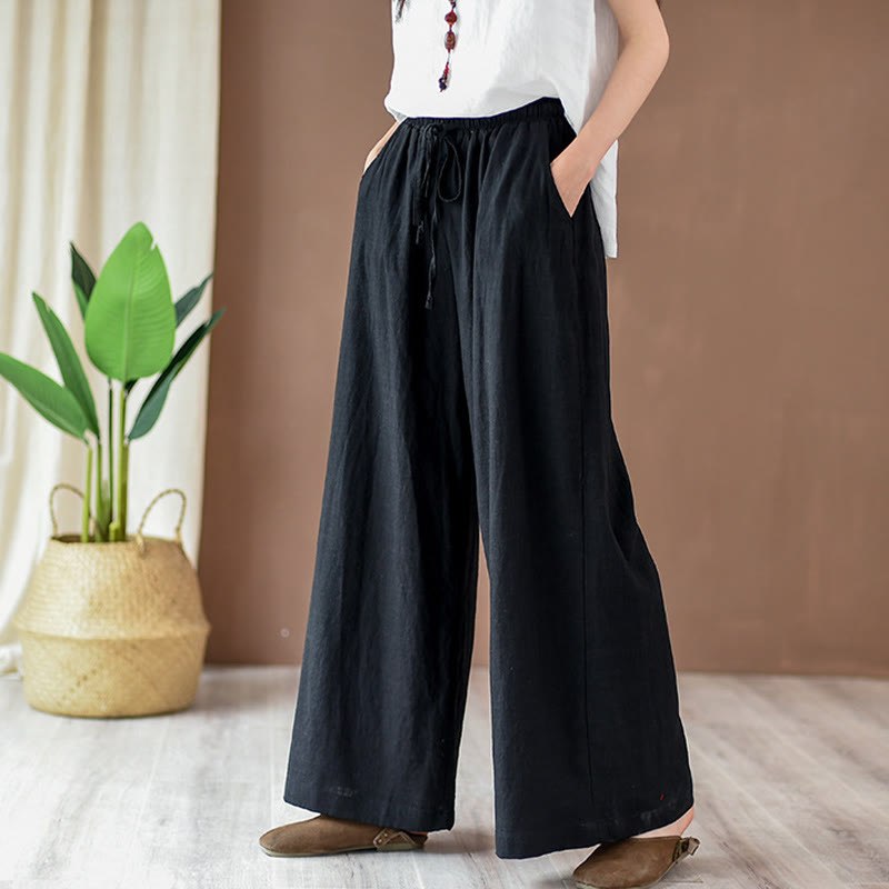 Buddha Stones Loose Cotton Linen Drawstring Wide Leg Pants With Pockets - Black - US4，UK/AU8，EU36 (L) - image 9