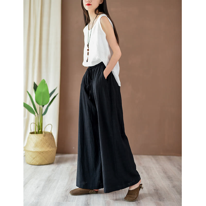 Buddha Stones Loose Cotton Linen Drawstring Wide Leg Pants With Pockets - image 14